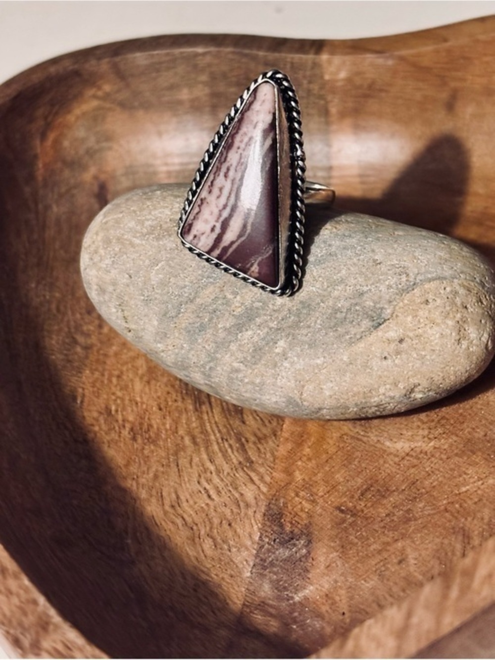 Moonlit Canyon Jasper Triangle Statement Ring Sterling Silver Plated Size 10
